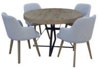 Conjunto de Mesa R8A Roble Nudos, pie metal negro y 4 Sillones Karlo