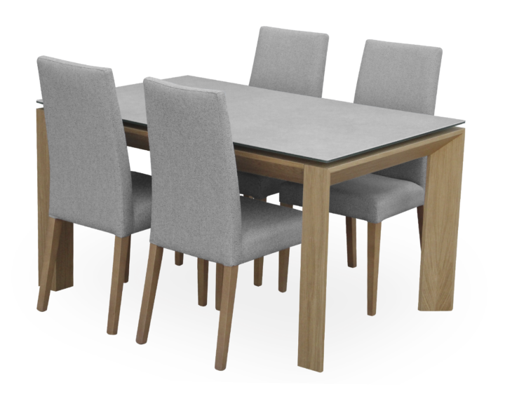 Conjunto de Mesa T24A Roble, Porcelánico Hydra Argen y 4 Sillas Ana